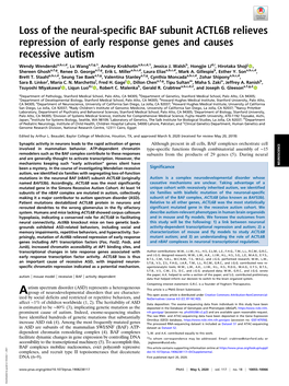 Loss of the Neural-Specific BAF Subunit ACTL6B Relieves Repression of Early Response Genes and Causes Recessive Autism