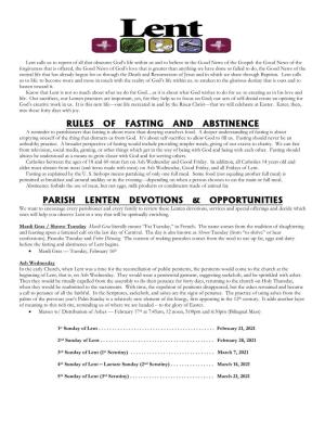 Rules of Fasting and Abstinence Parish Lenten Devotions & Opportunities