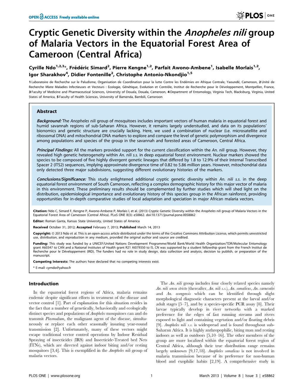 Cryptic Genetic Diversity Within the Anopheles Nili Group of Malaria Vectors in the Equatorial Forest Area of Cameroon (Central Africa)