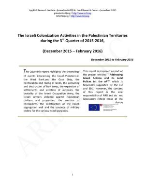 The Israeli Colonization Activities in the Palestinian Territories During the 3Rd Quarter of 2015-2016