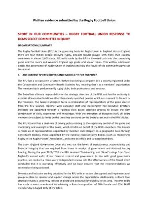 Written Evidence Submitted by the Rugby Football Union SPORT in OUR COMMUNITIES