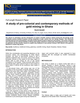 A Study of Pre-Colonial and Contemporary Methods of Gold Mining in Ghana