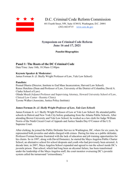 Panel 1: the Roots of the DC Criminal Code Date/Time: June 16Th, 10:30Am-12:00Pm