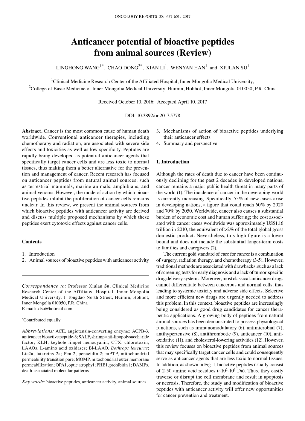 Anticancer Potential of Bioactive Peptides from Animal Sources (Review)