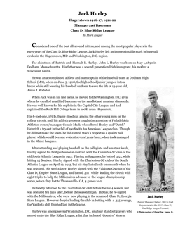 Jack Hurley Hagerstown 1916-17, 1921-22 Manager/1St Baseman Class D, Blue Ridge League by Mark Zeigler