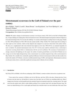 Meteotsunami Occurrence in the Gulf of Finland Over the Past Century Havu Pellikka1, Terhi K