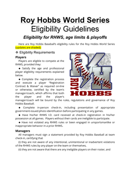 Roy Hobbs World Series Eligibility Guidelines Eligibility for RHWS, Age Limits & Playoffs