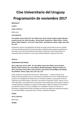 Cine Universitario Del Uruguay Programación De Noviembre 2017