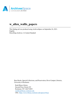 W Allen Wallis Papers