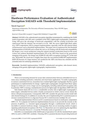 Hardware Performance Evaluation of Authenticated Encryption SAEAES with Threshold Implementation