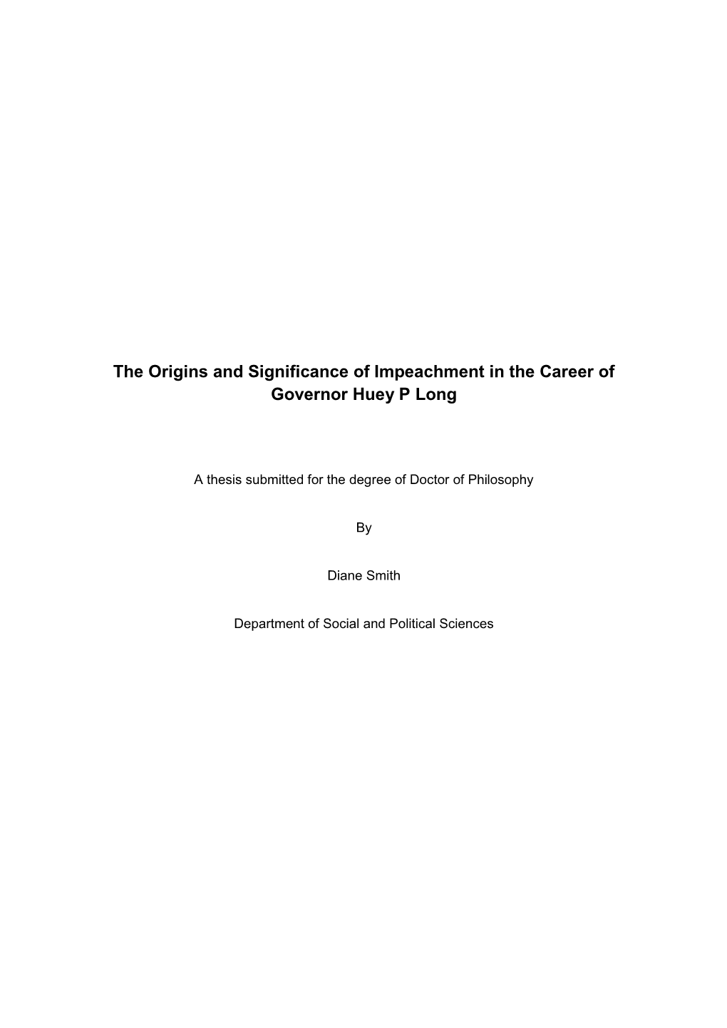 The Origins and Significance of Impeachment in the Career of Governor Huey P Long