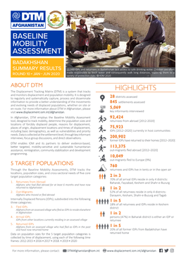 BASELINE MOBILITY ASSESSMENT BADAKHSHAN SUMMARY RESULTS 11,560 Idps and Returnees in Badakhshan Lack Access to Safe Drinking Water