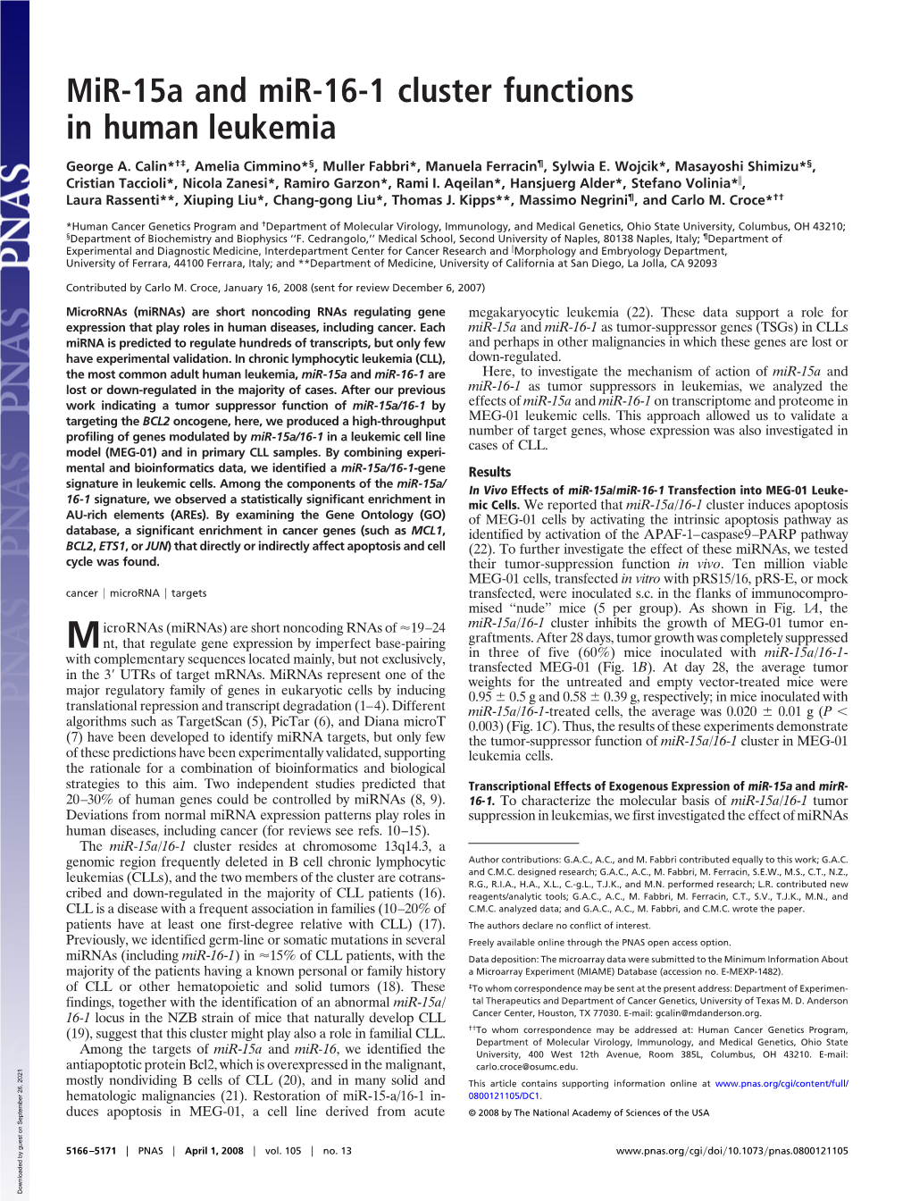 Mir-15A and Mir-16-1 Cluster Functions in Human Leukemia