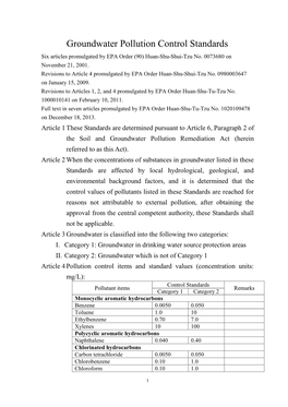 Groundwater Pollution Control Standards Six Articles Promulgated by EPA Order (90) Huan-Shu-Shui-Tzu No