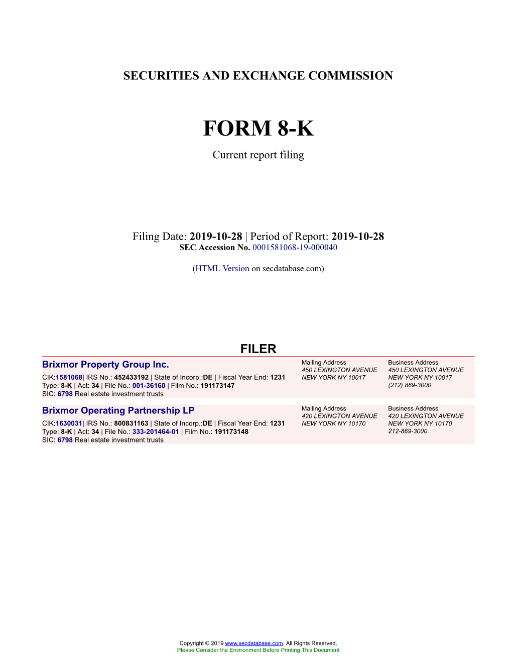 Brixmor Property Group Inc. Form 8-K Current Event Report Filed 2019-10