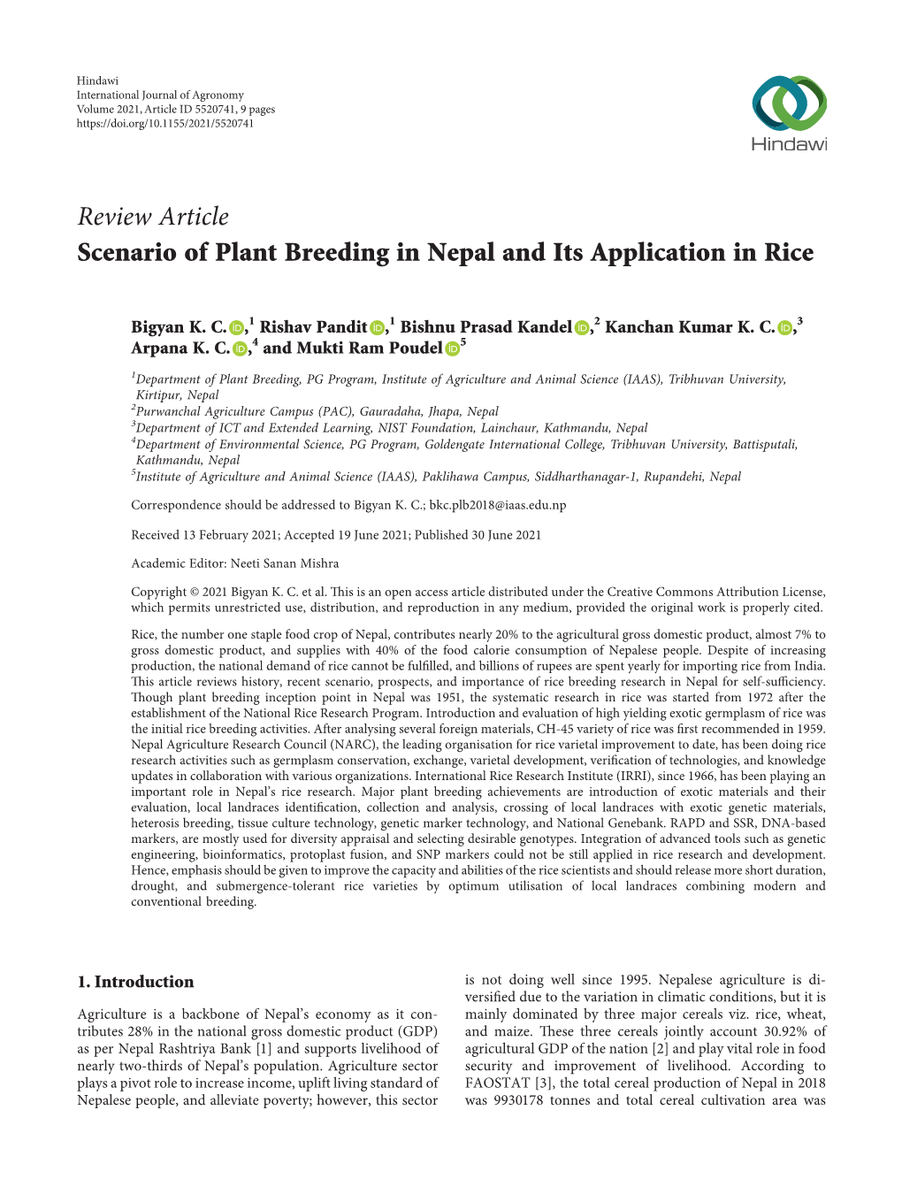 Scenario of Plant Breeding in Nepal and Its Application in Rice