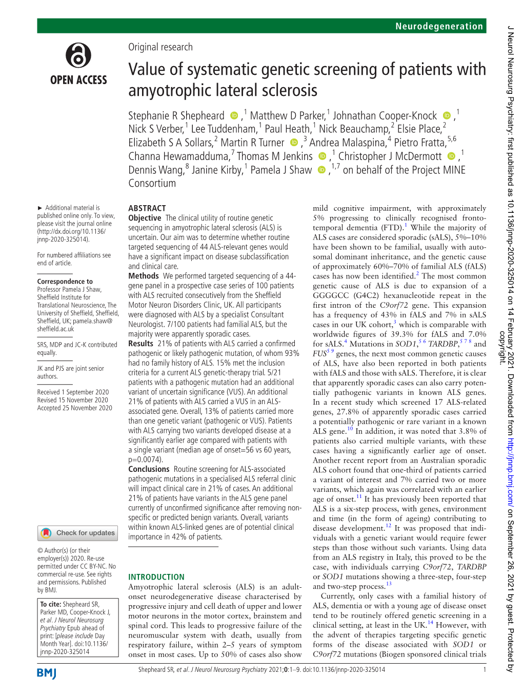 Value of Systematic Genetic Screening of Patients with Amyotrophic Lateral