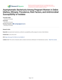 Asymptomatic Bacteriuria Among Pregnant Women in Debre Markos, Ethiopia: Prevalence, Risk Factors, and Antimicrobial Susceptibility of Isolates