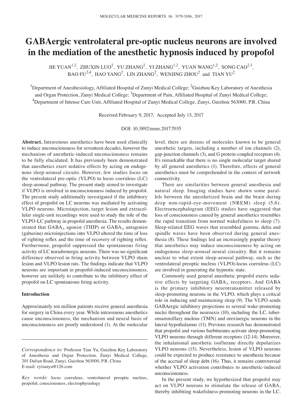 Gabaergic Ventrolateral Pre‑Optic Nucleus Neurons Are Involved in the Mediation of the Anesthetic Hypnosis Induced by Propofol