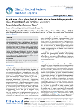 Significance of Antiphospholipid Antibodies in Essential Cryoglobulin- Emia: a Case Report and Review of Literature Rama Atluri and Mian Muhammad Rizwan*