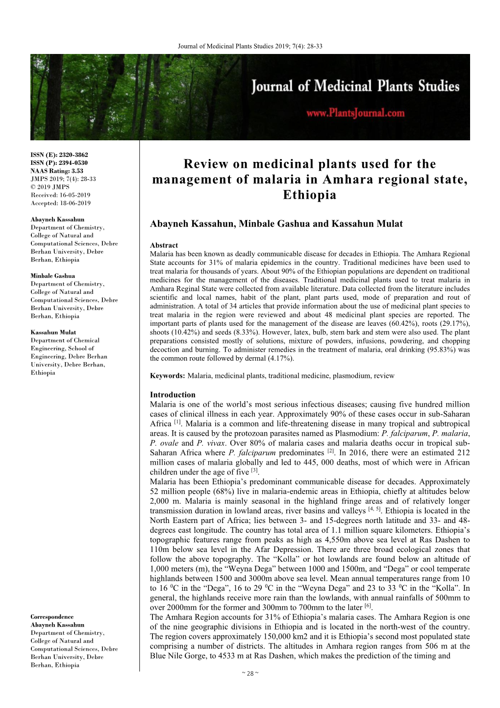 Review on Medicinal Plants Used for the Management of Malaria in Amhara Regional State, Ethiopia