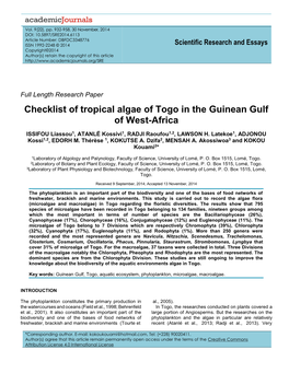 Checklist of Tropical Algae of Togo in the Guinean Gulf of West-Africa