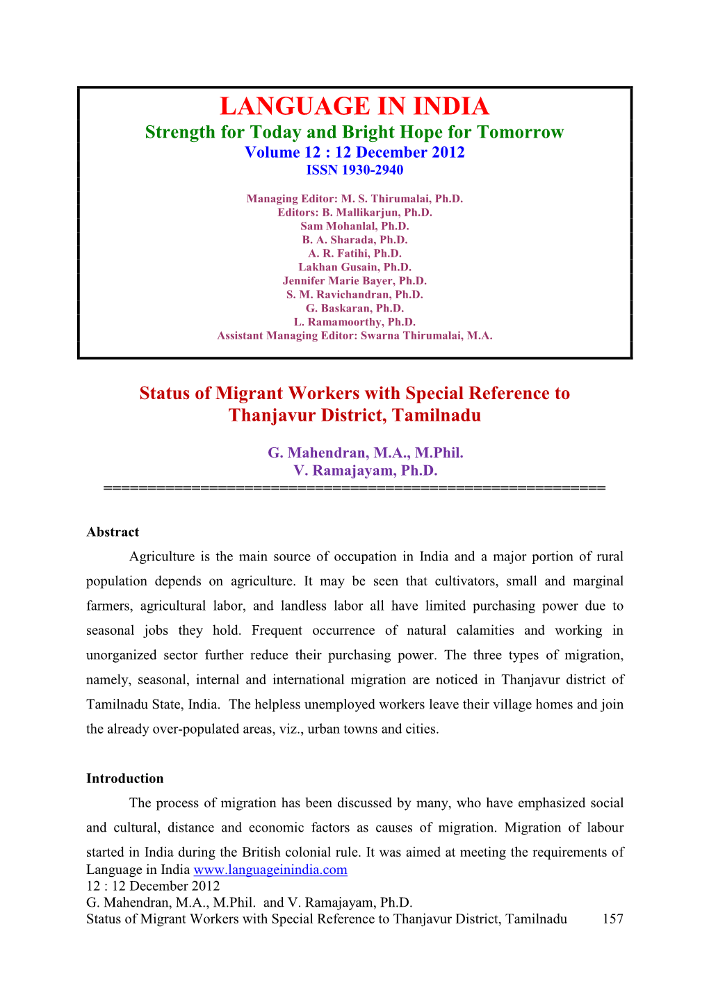 A Status of Migrant Workers with Special References To