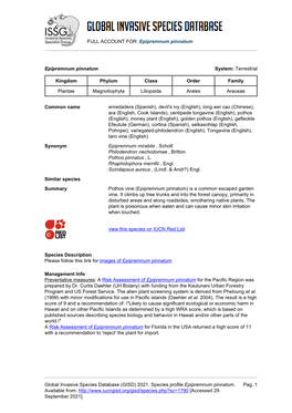 Epipremnum Pinnatum Global Invasive Species Database (GISD)