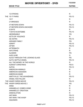 Movie Inventory - Dvd 7/22/2020 Movie Title Rating