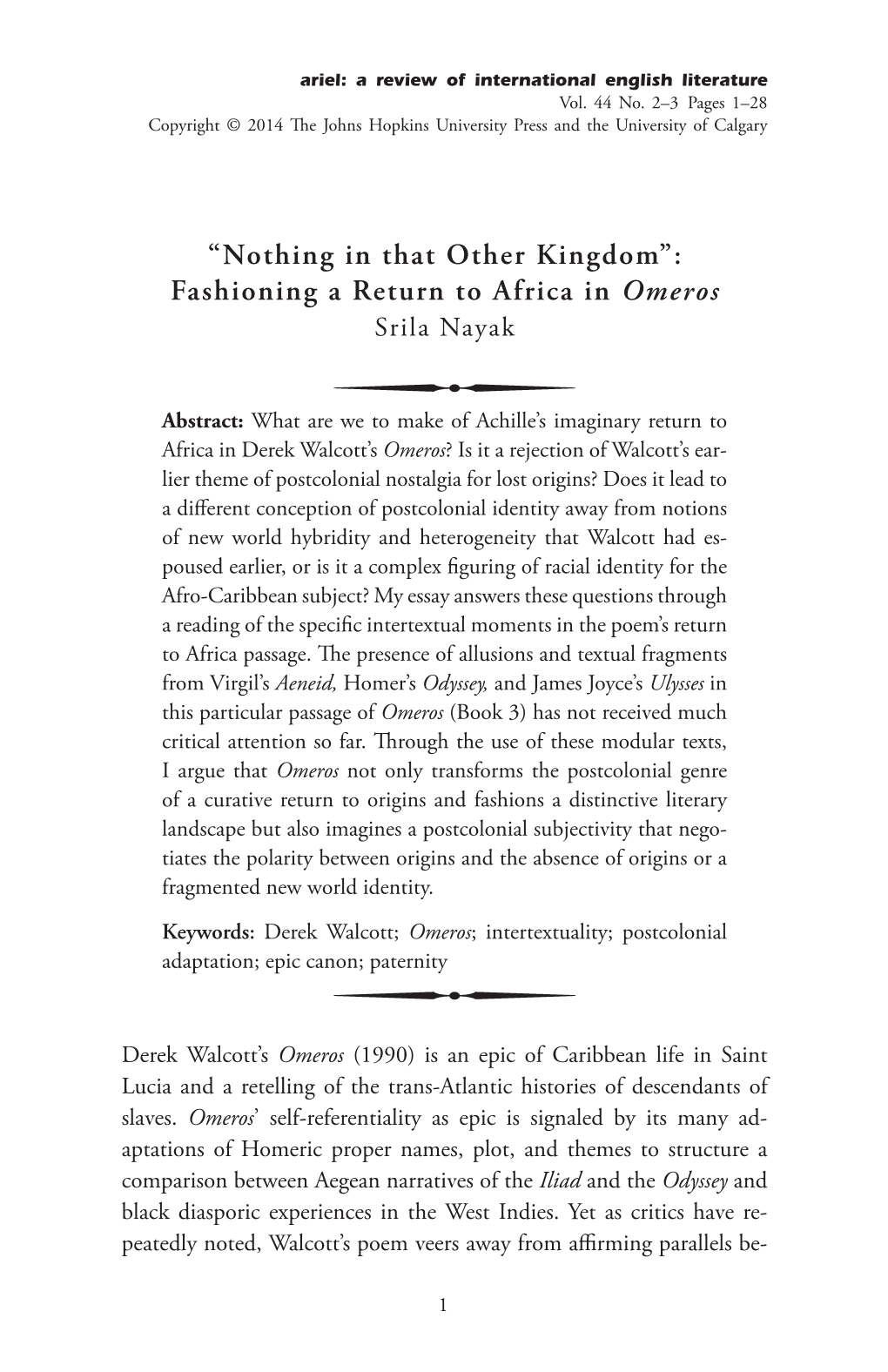 Fashioning a Return to Africa in Omeros Srila Nayak