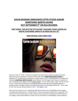 GAVIN DEGRAW ANNOUNCES FIFTH STUDIO ALBUM SOMETHING WORTH SAVING Th out SEPTEMBER 9 on RCA RECORDS
