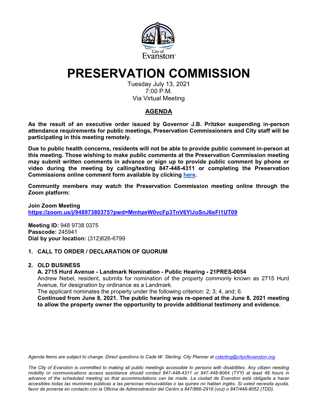 PRESERVATION COMMISSION Tuesday July 13, 2021 7:00 P.M