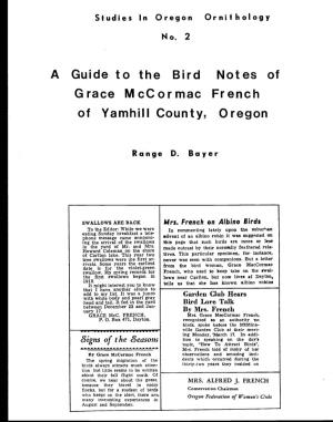 A Guide to the Bird Notes of Grace Mccormac French of Yamhill County, Oregon