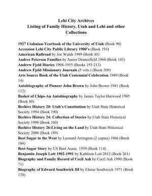 Lehi City Archives Listing of Family History, Utah and Lehi and Other Collections