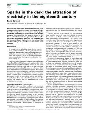 Sparks in the Dark: the Attraction of Electricity in the Eighteenth Century Paola Bertucci CIS-Dipartimento Di Filosoﬁa, Via Zamboni 38, 40126 Bologna, Italy