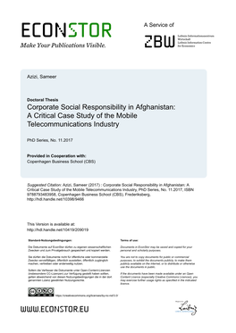 Corporate Social Responsibility in Afghanistan: a Critical Case Study of the Mobile Telecommunications Industry