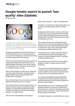 Google Tweaks Search to Punish 'Low- Quality' Sites (Update) 25 February 2011