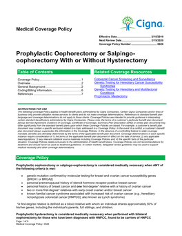 Prophylactic Oophorectomy Or Salpingo- Oophorectomy with Or Without Hysterectomy