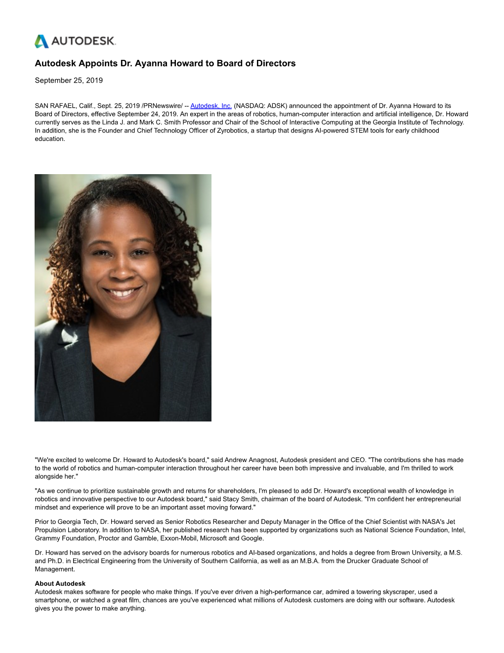 Autodesk Appoints Dr. Ayanna Howard to Board of Directors