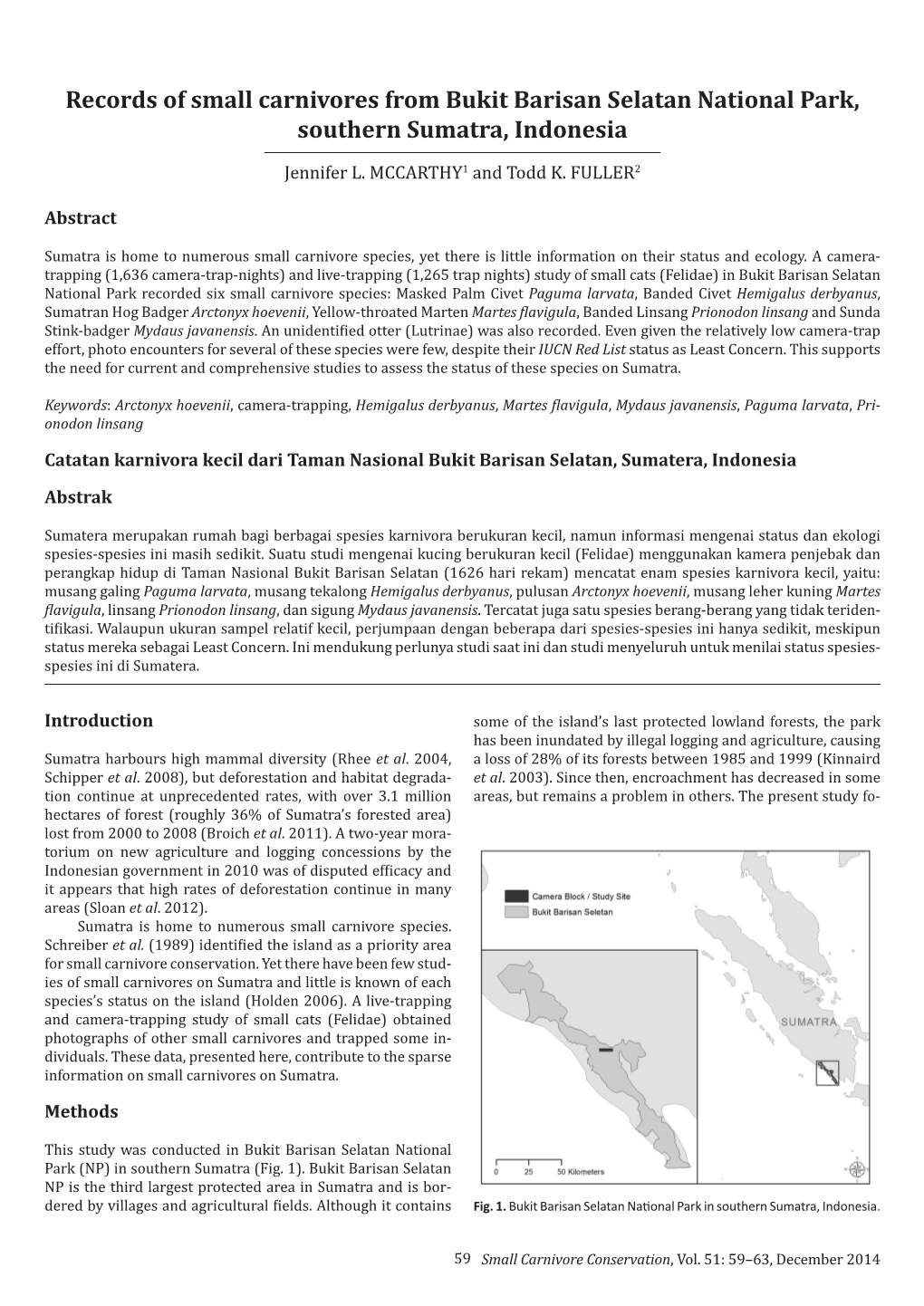 Records of Small Carnivores from Bukit Barisan Selatan National Park, Southern Sumatra, Indonesia