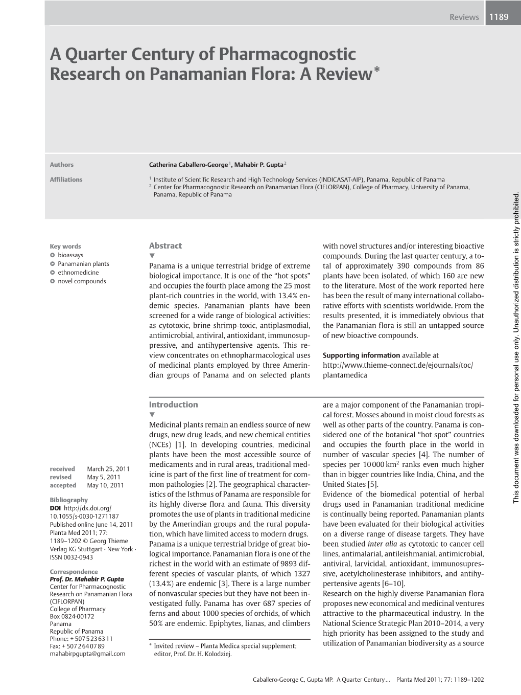 A Quarter Century of Pharmacognostic Research on Panamanian Flora: a Review*