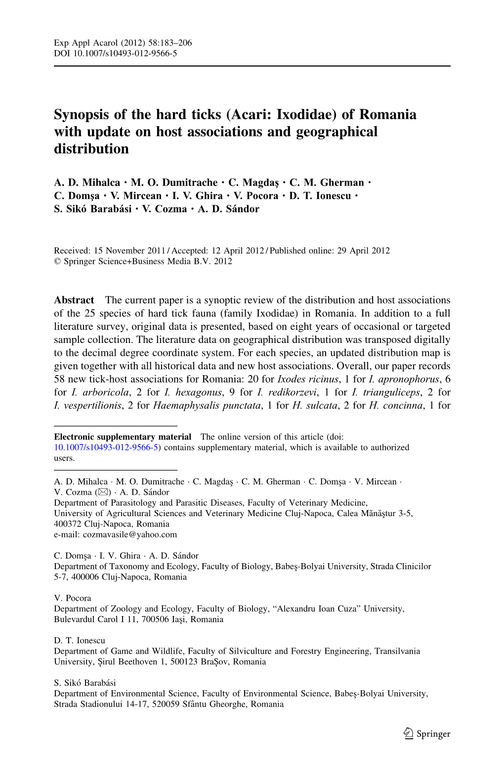 Synopsis of the Hard Ticks (Acari: Ixodidae) of Romania with Update on Host Associations and Geographical Distribution