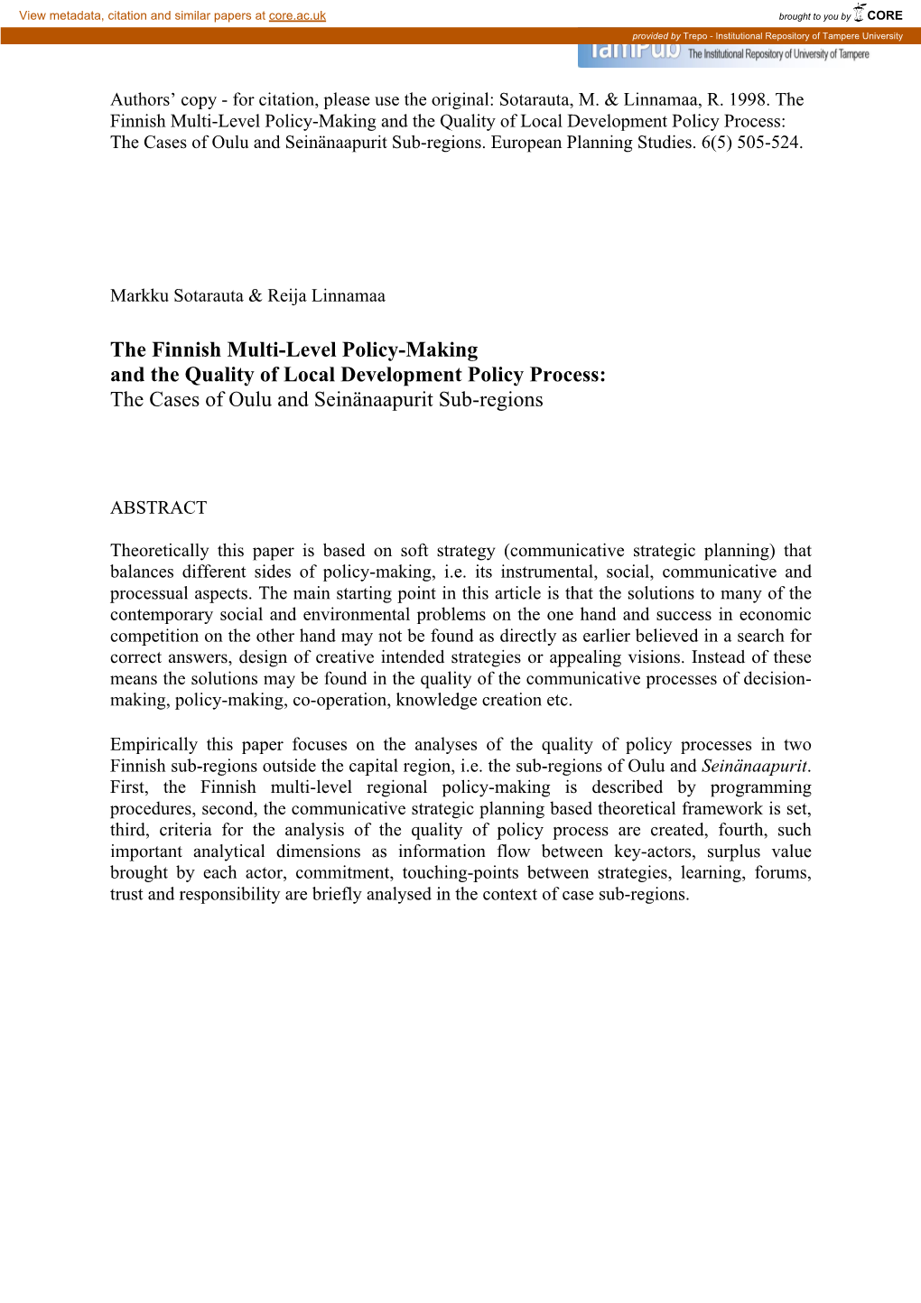 The Finnish Multi-Level Policy-Making and the Quality of Local Development Policy Process: the Cases of Oulu and Seinänaapurit Sub-Regions