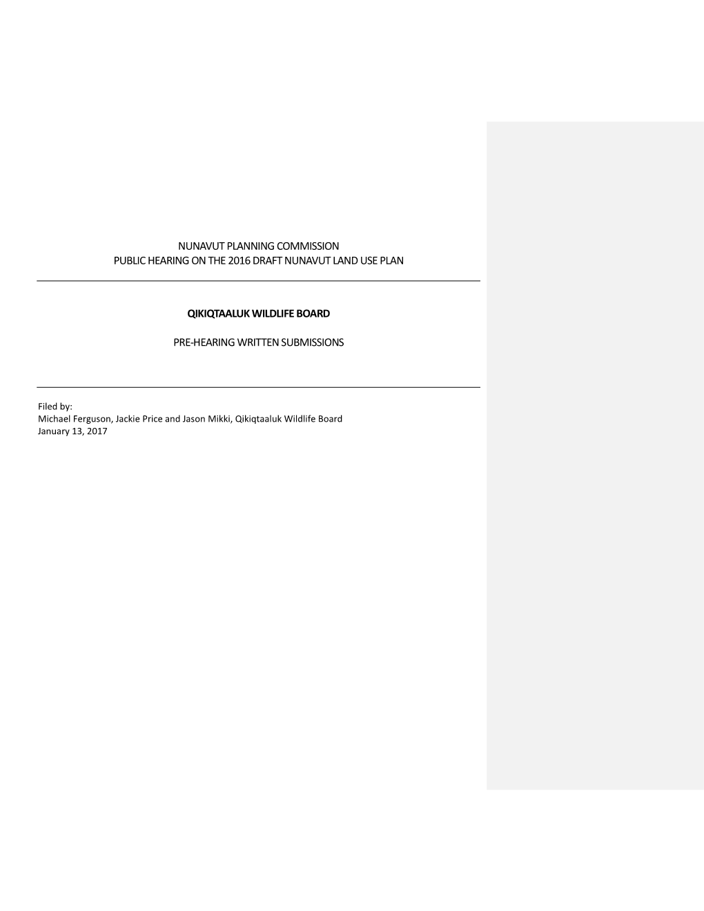 Nunavut Planning Commission Public Hearing on the 2016 Draft Nunavut Land Use Plan