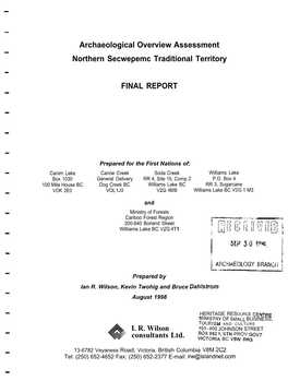 Archaeological Overview Assessment Northern Secwepemc Traditional Territory FINAL REPORT