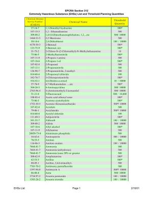 EPCRA Section 312 Extremely Hazardous Substance (Ehss) List and Threshold Planning Quantities