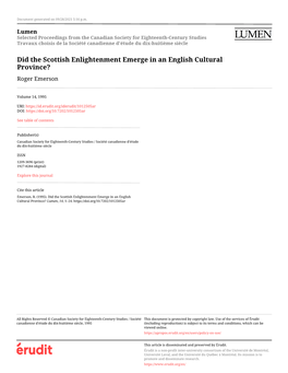 Did the Scottish Enlightenment Emerge in an English Cultural Province? Roger Emerson