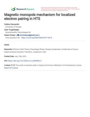 Magnetic Monopole Mechanism for Localized Electron Pairing in HTS