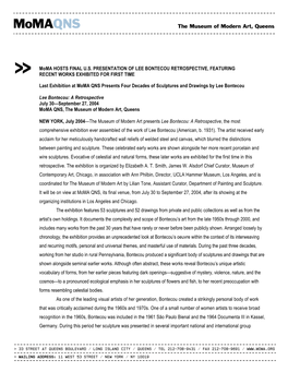 Moma HOSTS FINAL U.S. PRESENTATION of LEE BONTECOU RETROSPECTIVE, FEATURING RECENT WORKS EXHIBITED for FIRST TIME