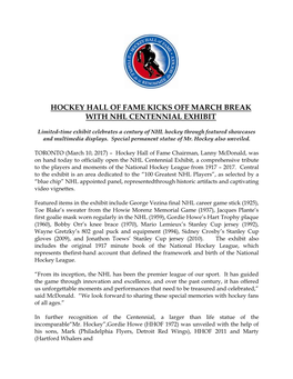 Hockey Hall of Fame Kicks Off March Break with Nhl Centennial Exhibit